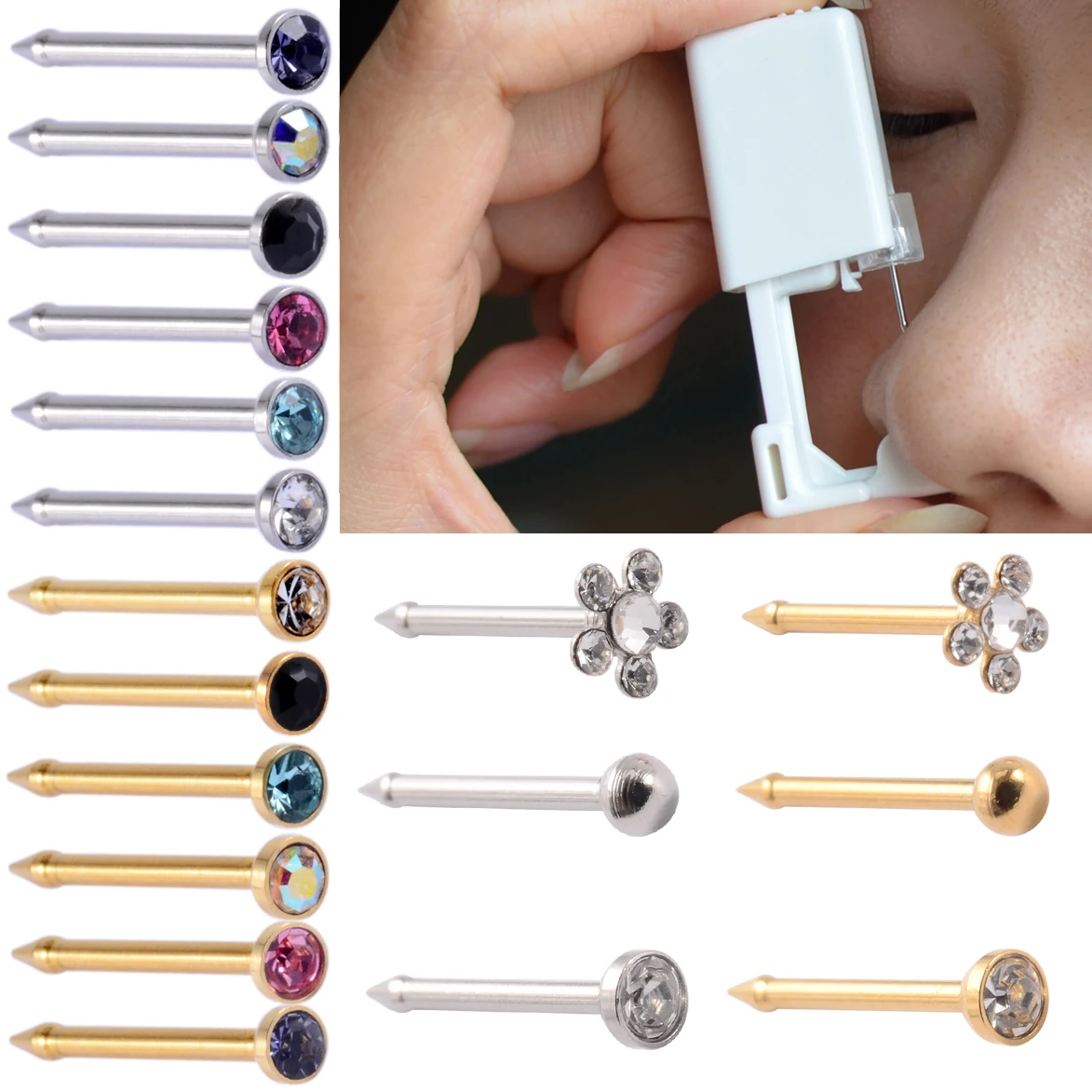 1PCS Disposable Safe Sterile Piercing Unit For Nose Automatic  Straight Rod More Safe Nose Piercing Gun Piercer Machine Kit 20G