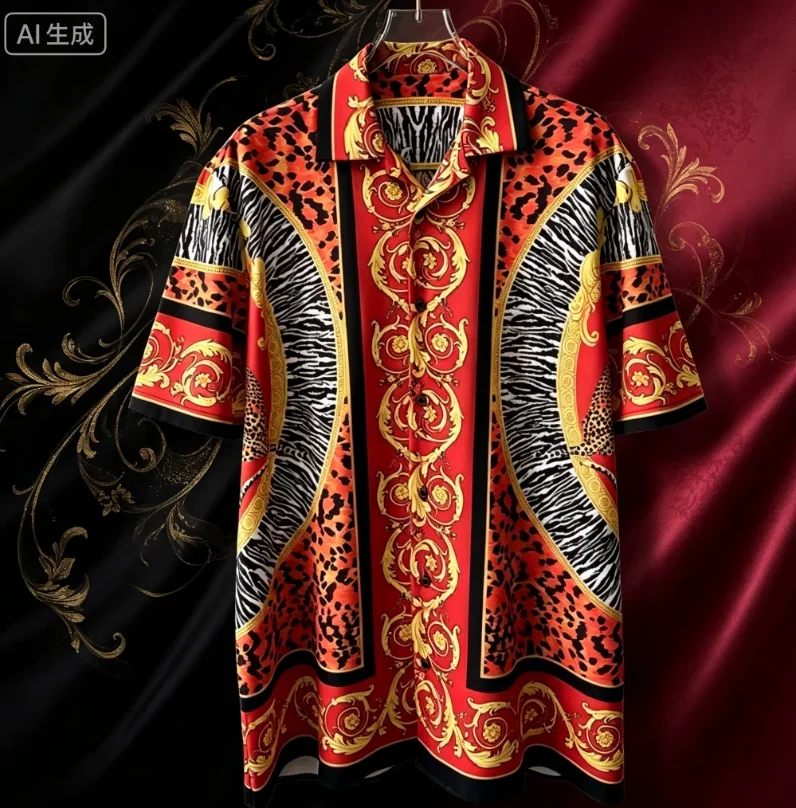2026 Summer New Men's Fashion Baroque Printed Short Sleeve Shirt Loose Collar Outdoor Casual Shirt Retro Men's Top