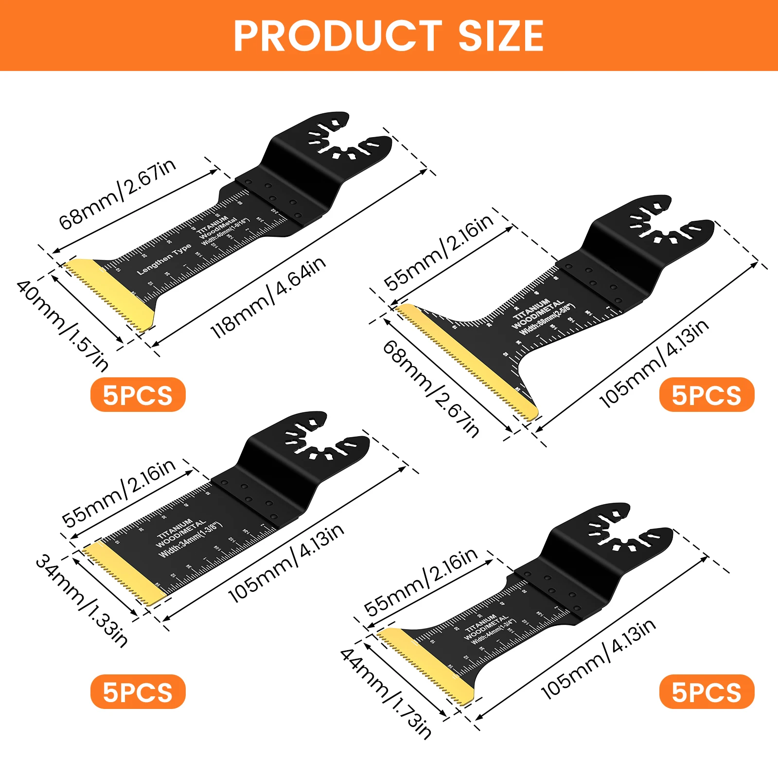 20Pcs Oscillating Saw Blades Bi-metal Titanium Coated Multitool Blades Wear Resistant Saw Blades for Wood Plastic Metal Cutting