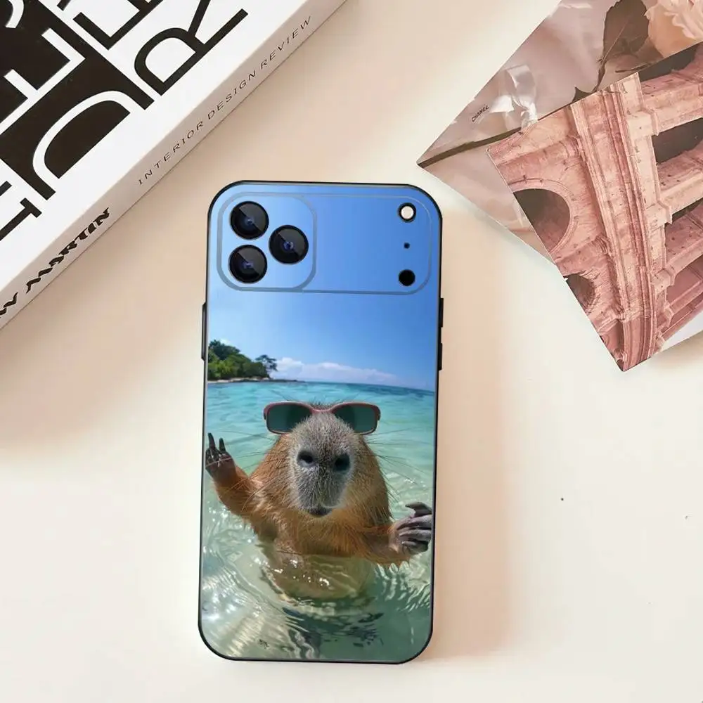 Bonito animal de estimação c-capivara para iphone 17,16,15,14,13,12,11, pro, max, plus, e, se4, air, mini capa de telefone preta com capa macia