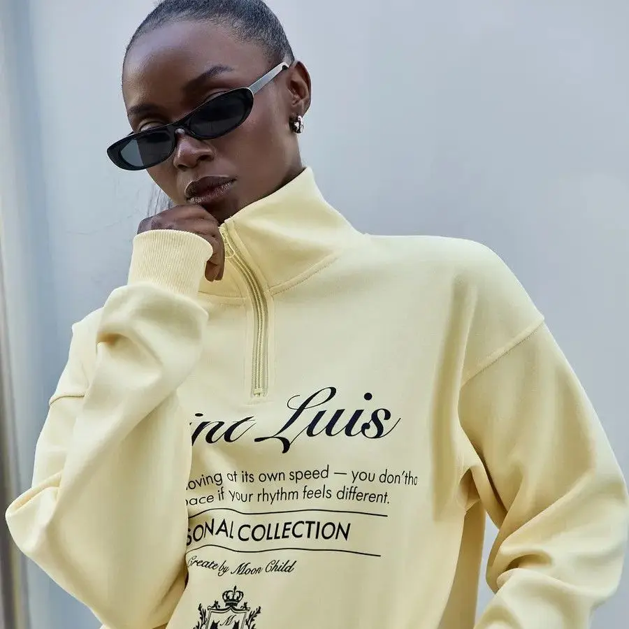 Sport Preppy-style Loose Sweatshirts Zipper Open Stand Collar Hoodie Apricot Retro Letter Print Full Sleeve Y2K Top Sweet Women