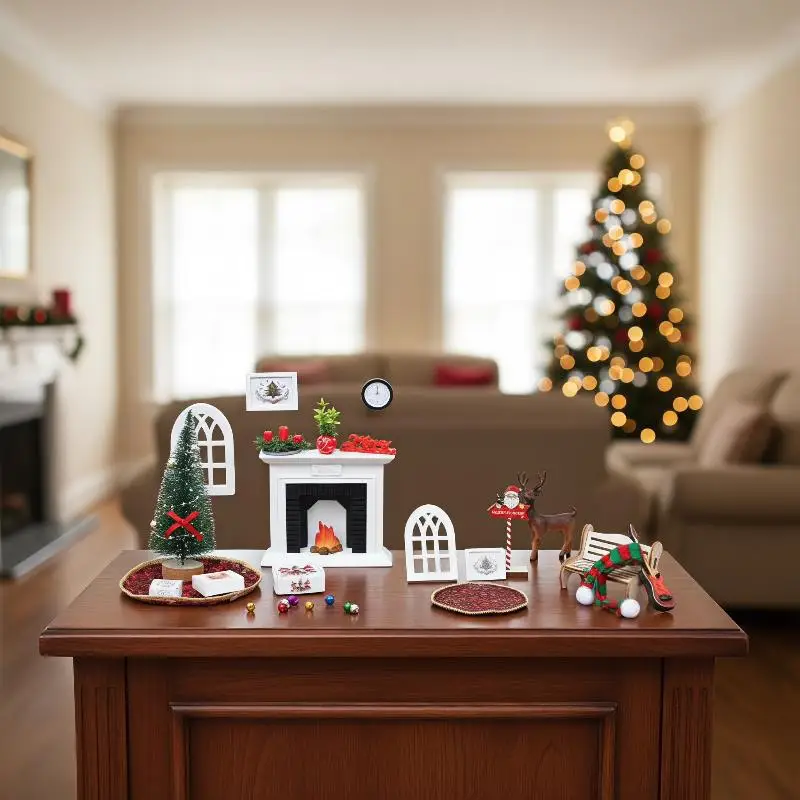 Creative Mini Christmas Dollhouse Scene Kit Fireplace Xmas Tree Miniature Model for Home Desktop Holiday Decor Gift