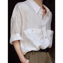 QOERLIN Linen White Shirt Women's Summer Retro Big Pocket Short Sleeve Shirt Female 2024 New Button Down Casual Tops Blouse S-XL