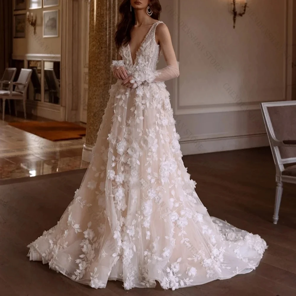 

Свадебные платья с 3D цветочной аппликацией, груши, V-образным вырезом и открытой спиной, свадебное платье без рукавов, Vestidos De Novia