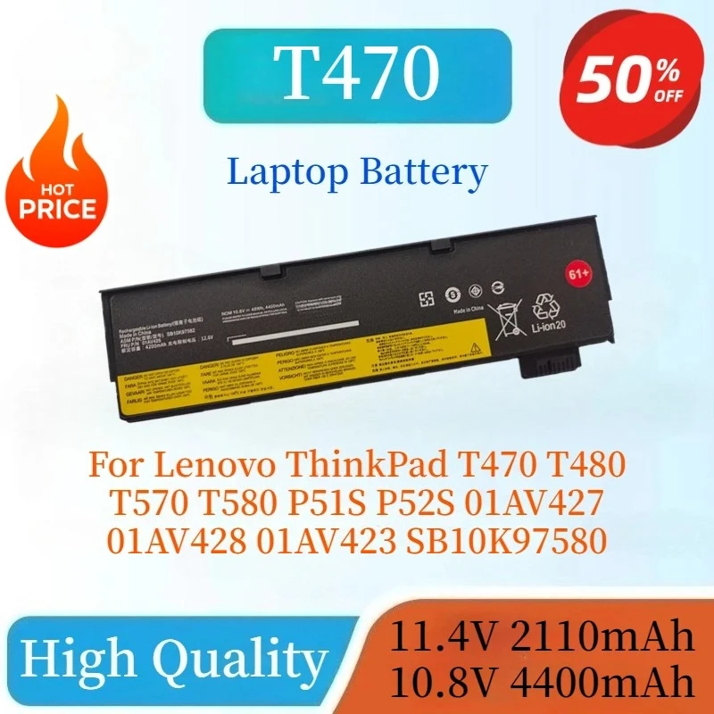 High Quality Brand New Laptop Battery For Lenovo ThinkPad T470 T480 T570 T580 P51S P52S 01AV427 01AV428 01AV423 SB10K97580