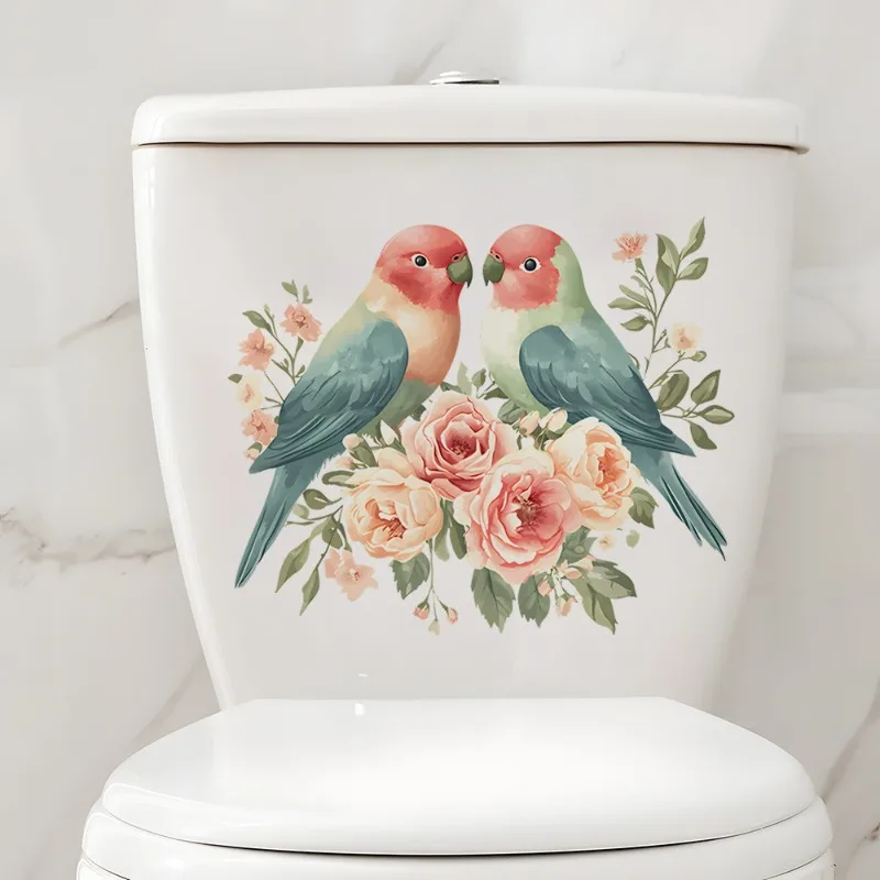 Watercolor Flower Bird Home Bathroom Toilet Sticker Decoration Wall Stickers Wallpaper Bathroom Bedroom Decoration