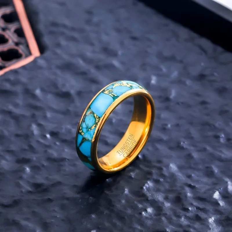Somen 6mm Natural Blue Turquoises Tungsten Carbide Rings For Men Women Gold/Rose Gold/Silver Color Wedding Band Engagement Ring