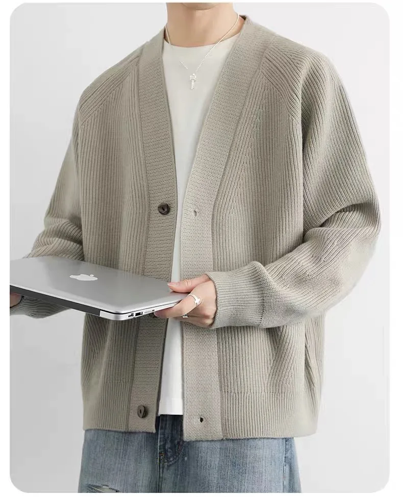 High-grade V-neck pure cashmere knit cardigan men's spring and autumn clothes shawl simple solid color coat