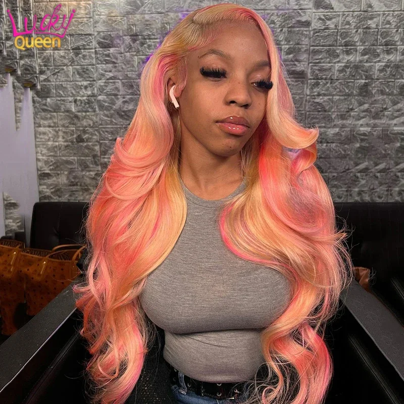 

Highlight 613 Blonde Pink Body Wave Human Hair Wig Transparent Lace Front Wig Pre Plucked Hair for Women 13X4 13X6 Frontal Wig