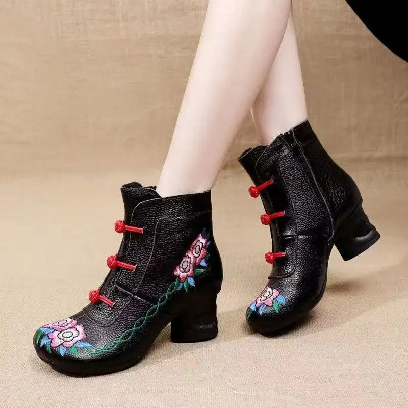 Women Ethnic Style Block Heel Ankle Boots Autumn Winter New Soft Sole Round Toe High Top Plush Warm Real Leather Cotton Boots