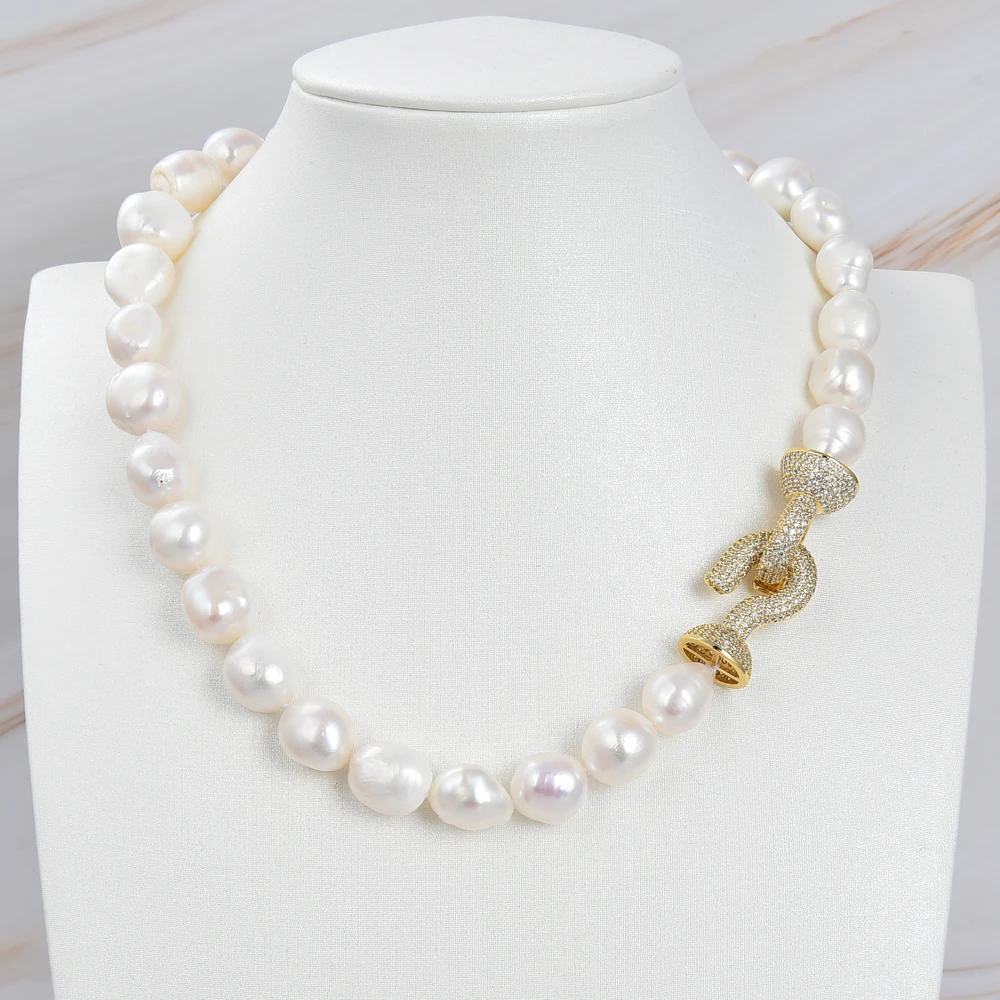 G-G Natural Big White Baroque Keshi Pearl Gold Color Plated Connector CZ Clasp Necklace For Women Lady Gift Jewelry