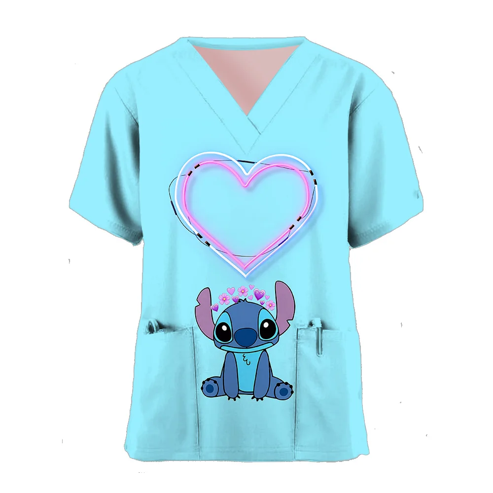 

Women 2024 Pocket Woman Clothes Hospital Summer Tops Disney Tees Stitch T-shirts V Neck Nurse Uniform T-shirt Cartoon Top Cute