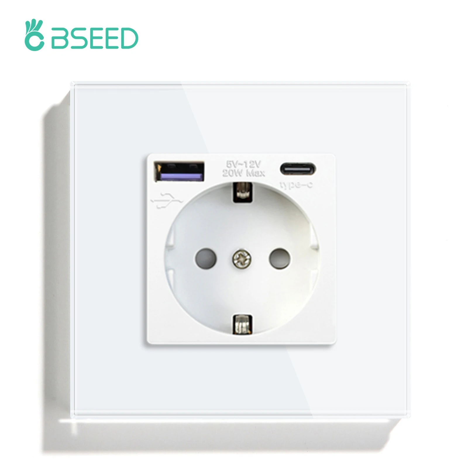 BSEED Einzelsteckdose EU-Standard 86mm Wandsteckdose Telefon-Ladeanschluss USB-C-Buchse 16A Glasrahmen 110V - 240V Elektrische Steckdose Typ-C Wandmontiert Weiß