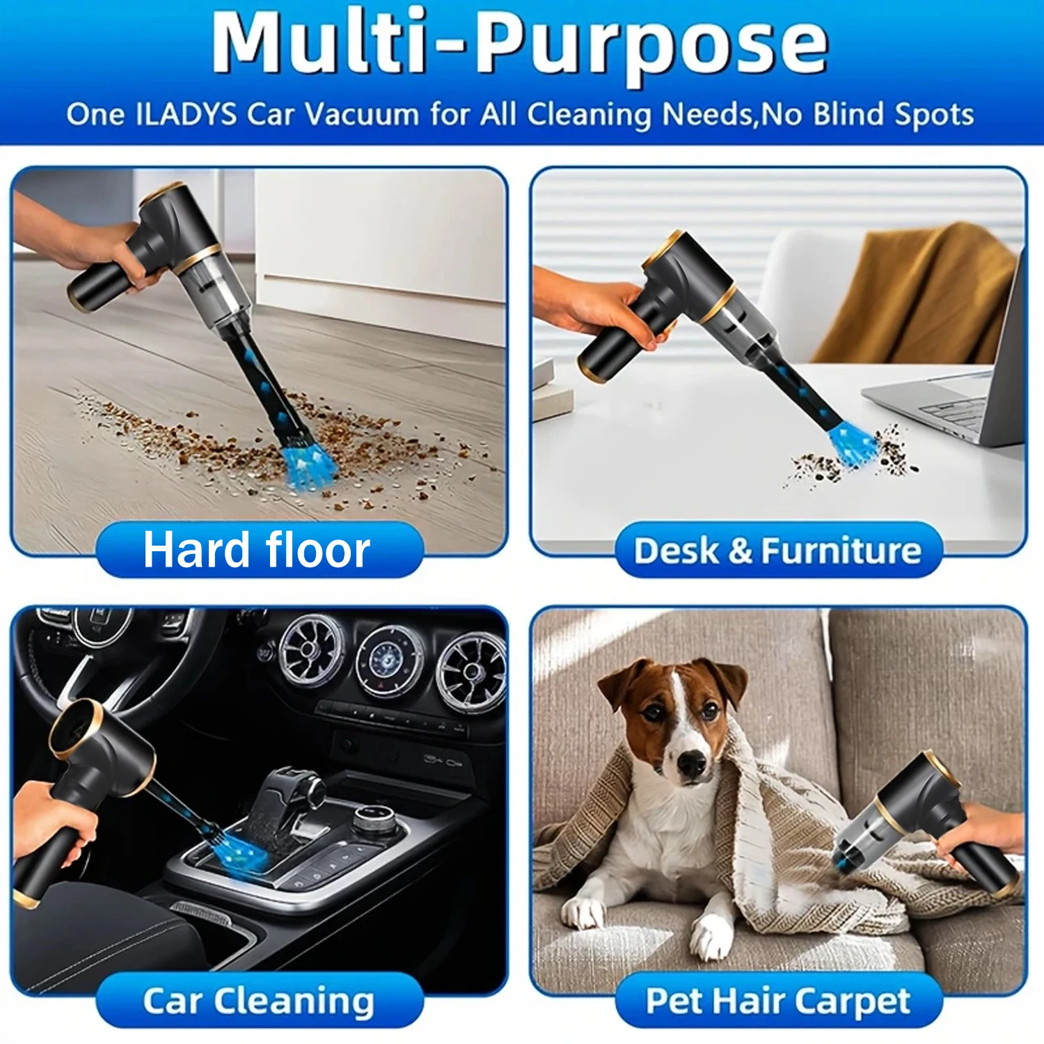 3-in-1 Cordless Handheld Vacuum Cleaner, Rechargeable Stick Vacuum with Cyclone Suction for PC Dust Removal, Car, Home & Office