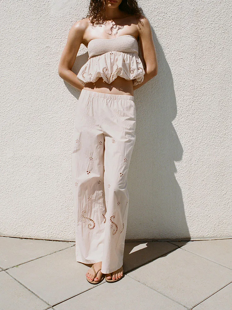 

New Summer Women's Embroidered Top Mid-Waist Long Pants Commute Sle Svel Other Fabric Ladies Premium Knittedwear