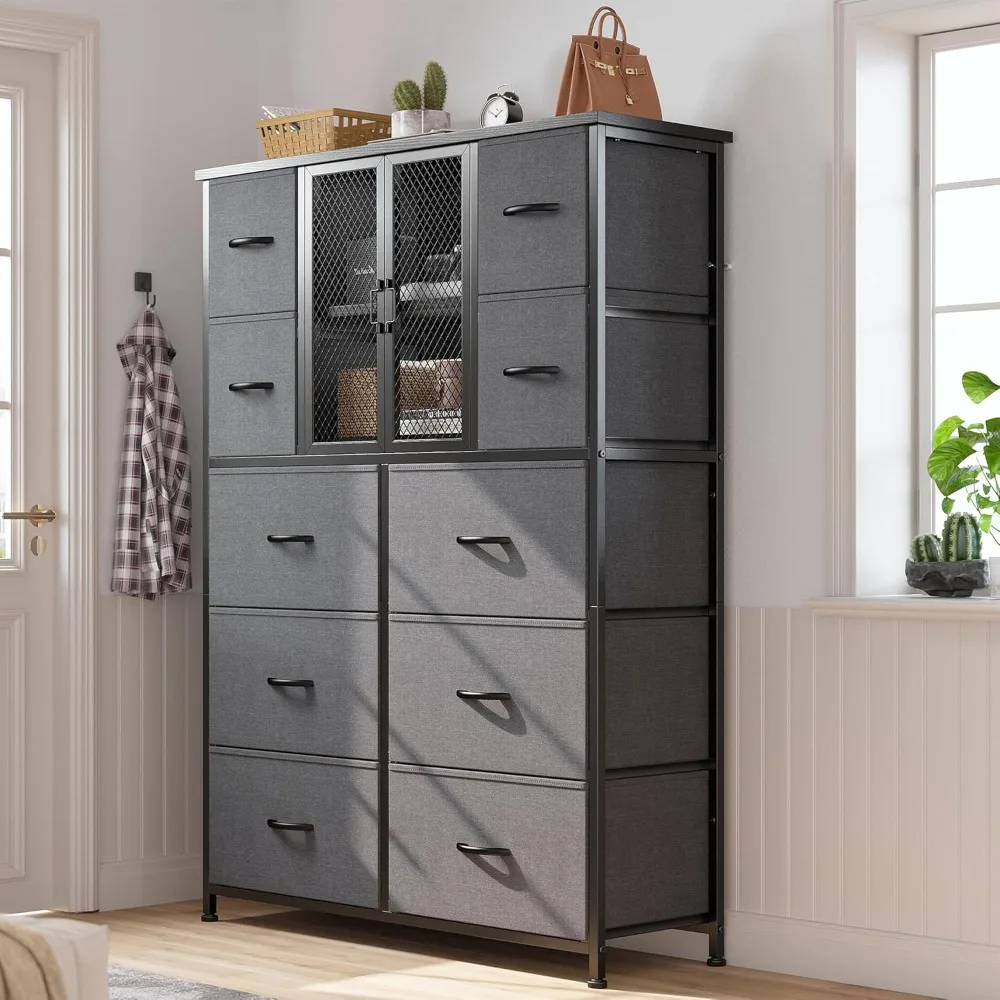 

Dresser for Bedroom with Mesh Door Tall Dressers & Chests of Drawers with 10 Fabric Drawer Morden Dresser Organizer,Meta