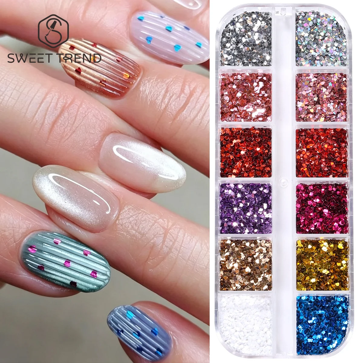 12er-Set Mini-Herz-Nagelpailletten, bunte holografische Herzform-Scheiben, Polka Dots, Glitzer, DIY japanische Valentinstags-Maniküre-Deko