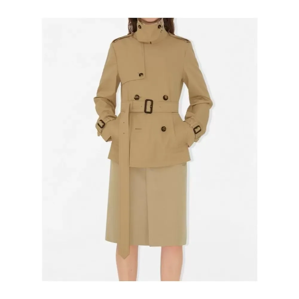 معطف خريفي/شتوي أنيق من القطن الخالص ذو كتلة ألوان متقلب كلاسيكي مزدوج الصدر قصير للنساء