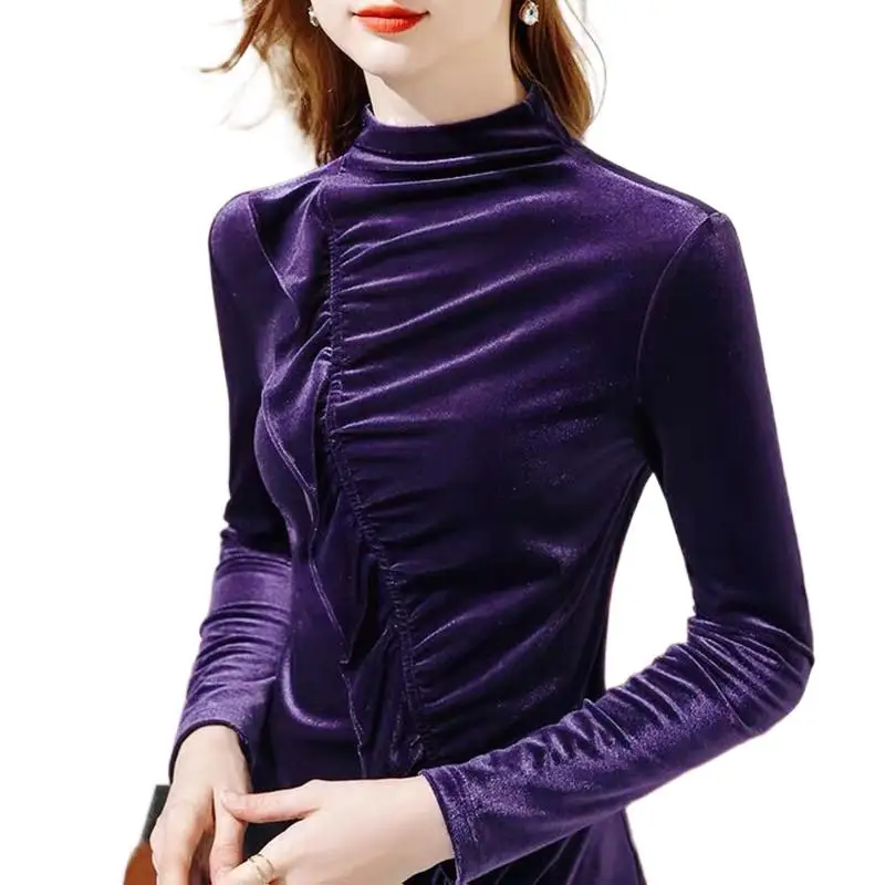 Russian half turtleneck pleated ruffled velvet tops,Autunm Winter fashion Elegant purple folds velour blouse shirts 11 colors