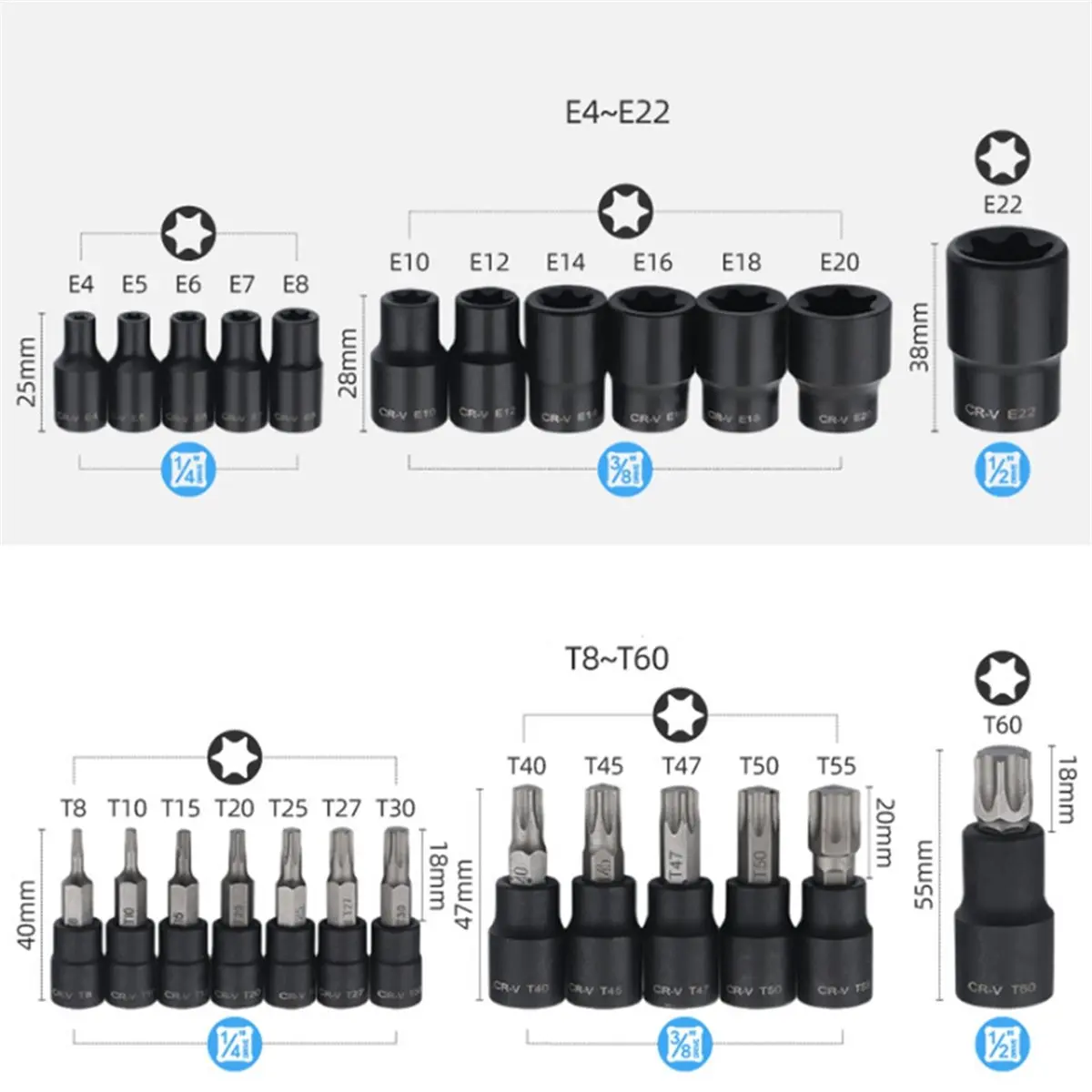 25 Piece Torx Bit and Socket Set, 13 Star Bits (T8- T60) & 12 E-Torx Sockets (E4-E22), Professional Grade Tool Set