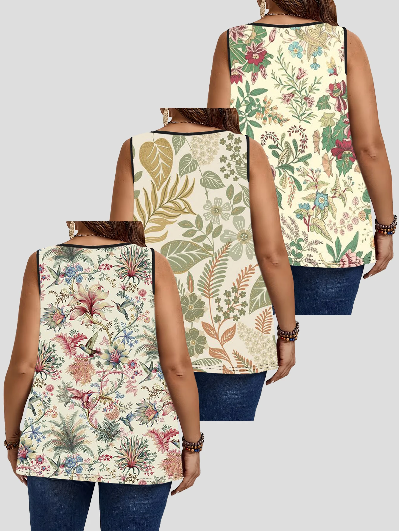 3-Piece Set of Plus-Size Women's Vests, Vintage Pastoral Floral and Bird Print Loose Sleeveless Tops