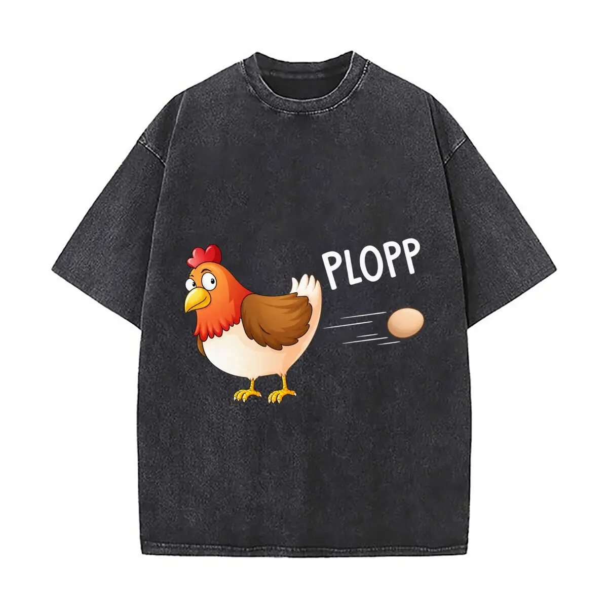 Cartoon Chicken Egg White Background Washed Distressed Loose Streetwear Tops for City Walks
