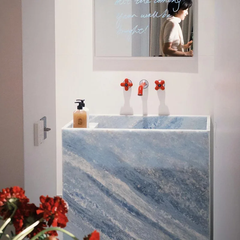 Blue Crystal Rock Slab Marble Integrated Basin Thin Edge Deep Sink Hotel Villa Bed and Breakfast Washbasin