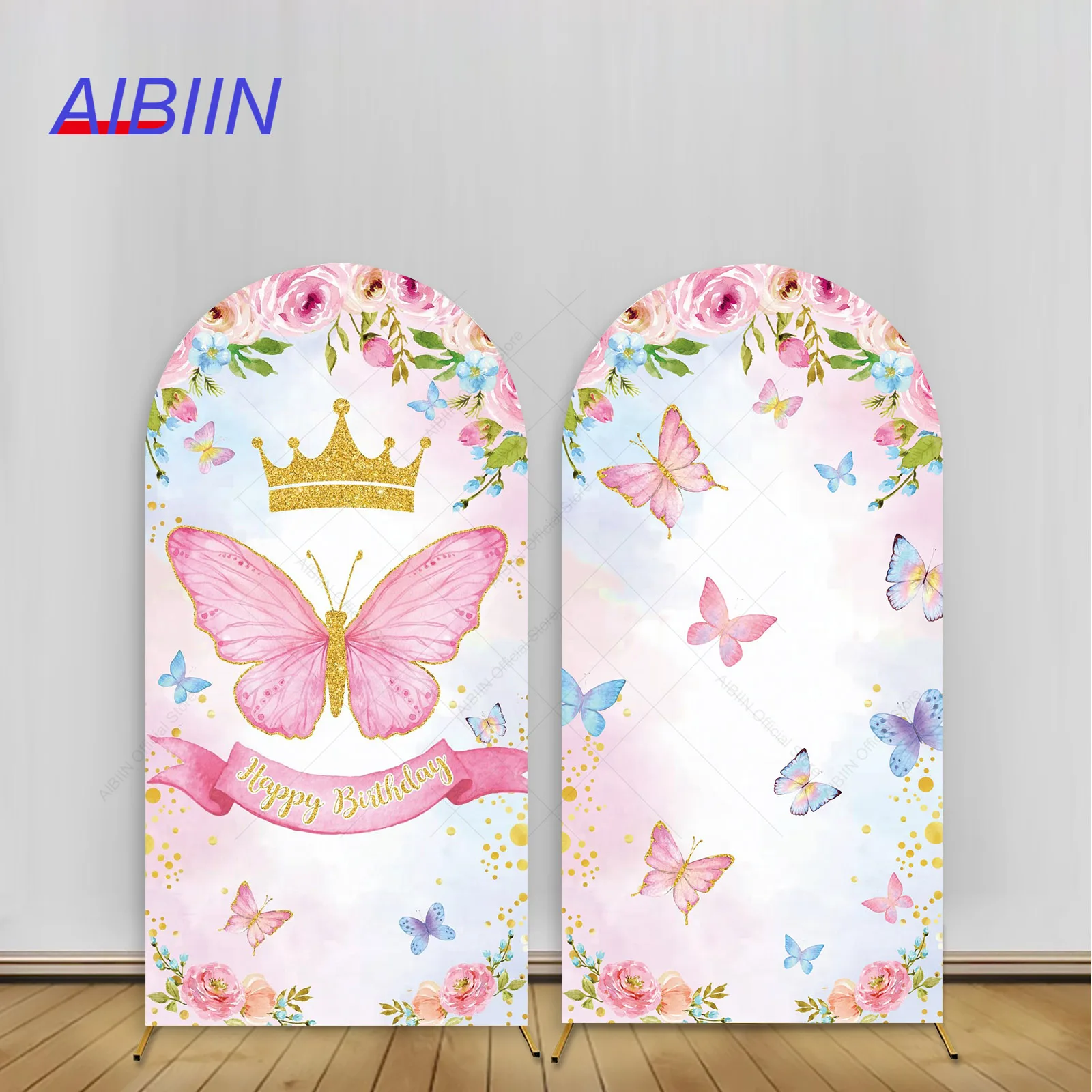 

Butterfly Happy Birthday Arch Backdrop Cover Blue Pink Flower Gold Dots Crown Princess Party Decor Baby Girl Portrait Background