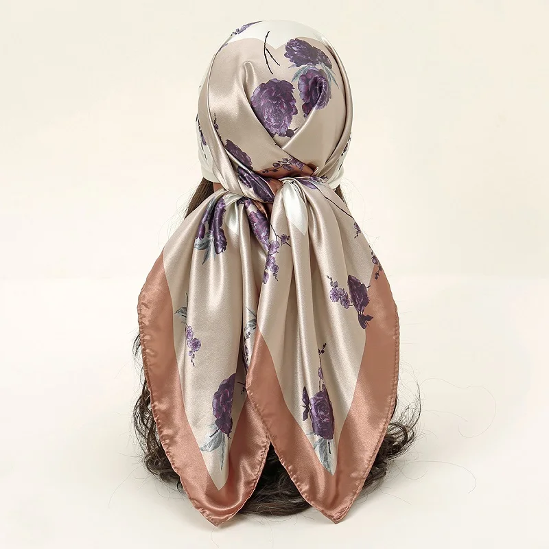 Newest Floral Square Scarf Silk Stain Headband Muslim Women'S Hijab Soft Lslamic Turban Fancy Designer Bandana Foulard Kerchief