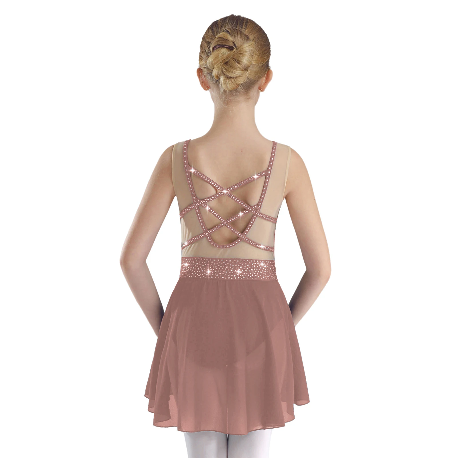 Rhinestone Gymnastics Figure Skating Leotard Dress for Kids Girls Sleeveless Sheer Mesh Tutu Ballet Lyrical Performance Costume