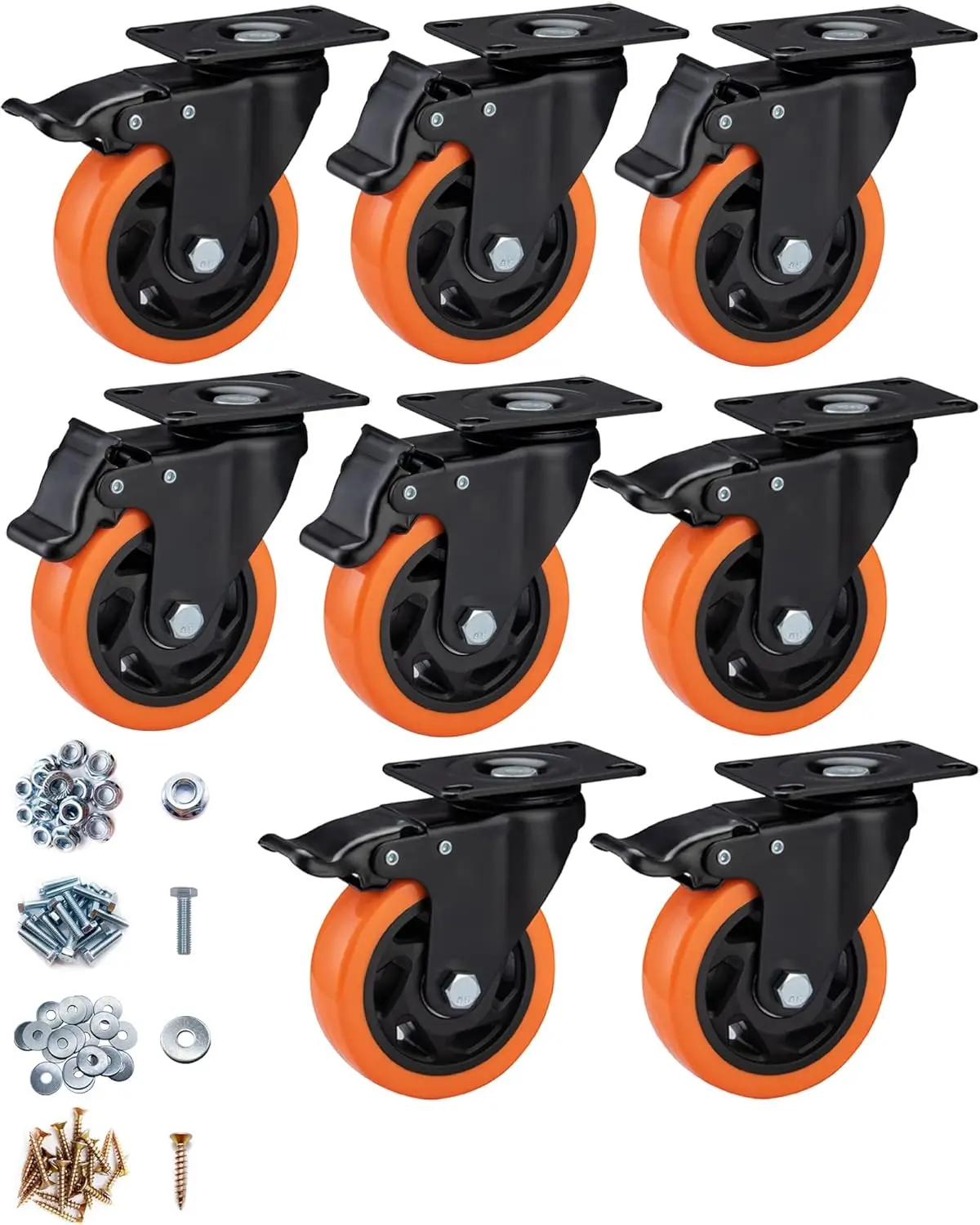 

8-Pack Heavy Duty Orange Polyurethane Caster Wheels with Brake, 4 Inch Swivel for Furniture and Workbench