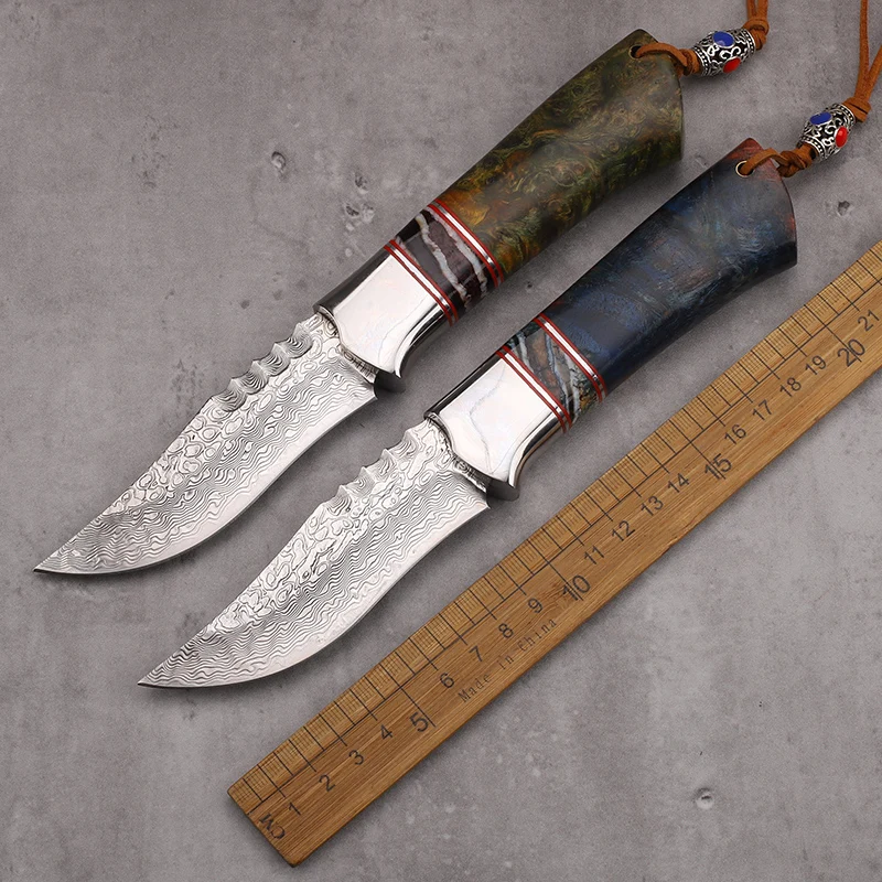 Newly Solidified Stable Wooden Hand Damascus Steel Fixed Blade Tactical Self-Defense Portable Fishing Camping EDC Tool Knife