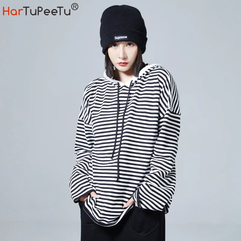 

Striped Knitted Hooded Sweater Women 2022 Cotton Autumn Spring Drawstring Pullover Tops BF Style Loose Casual Homewear Hoodie