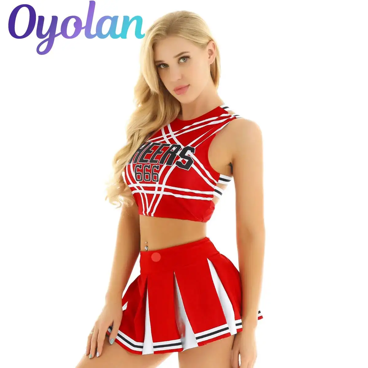

2Pcs Women Adult Charming Cheerleader School Girls Cosplay Costume Set Crop Top with Mini Pleated Skirt Cheerleading Uniform