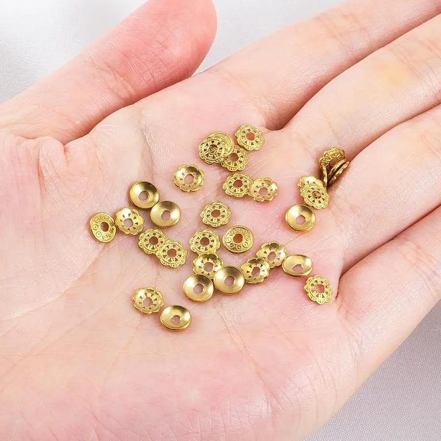 1/5/10/20/50/100pcs DIY Bracelet Spacer Bead Accessories, Flower Base with Plum Blossom Petal Ring Pattern in 304 Stainless Stee