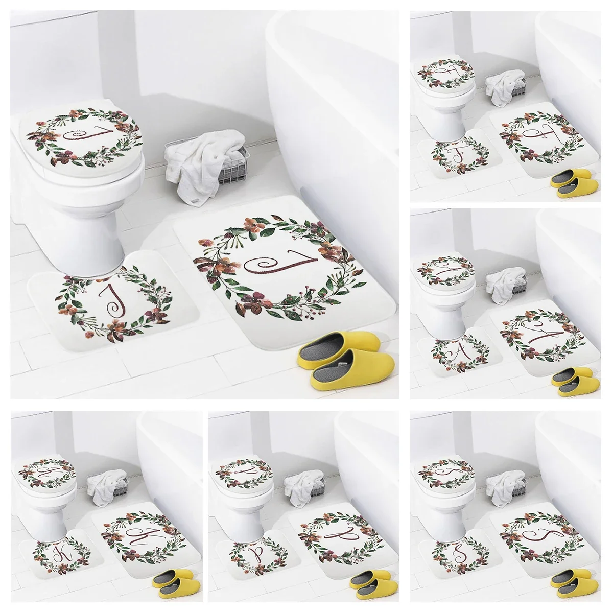 3pcs Letters and wreaths home bathroom floor mats Bath mat modern bathroom accessories rug Toilet mat Bathtub anti-slip carpet