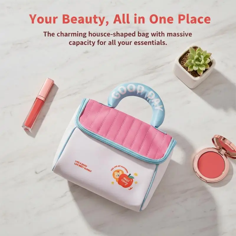 Cartoon Pattern Cute Hut Handbag Girls Large Capacity Cosmetic Organizer Portable Handheld Travel Toiletry Bag