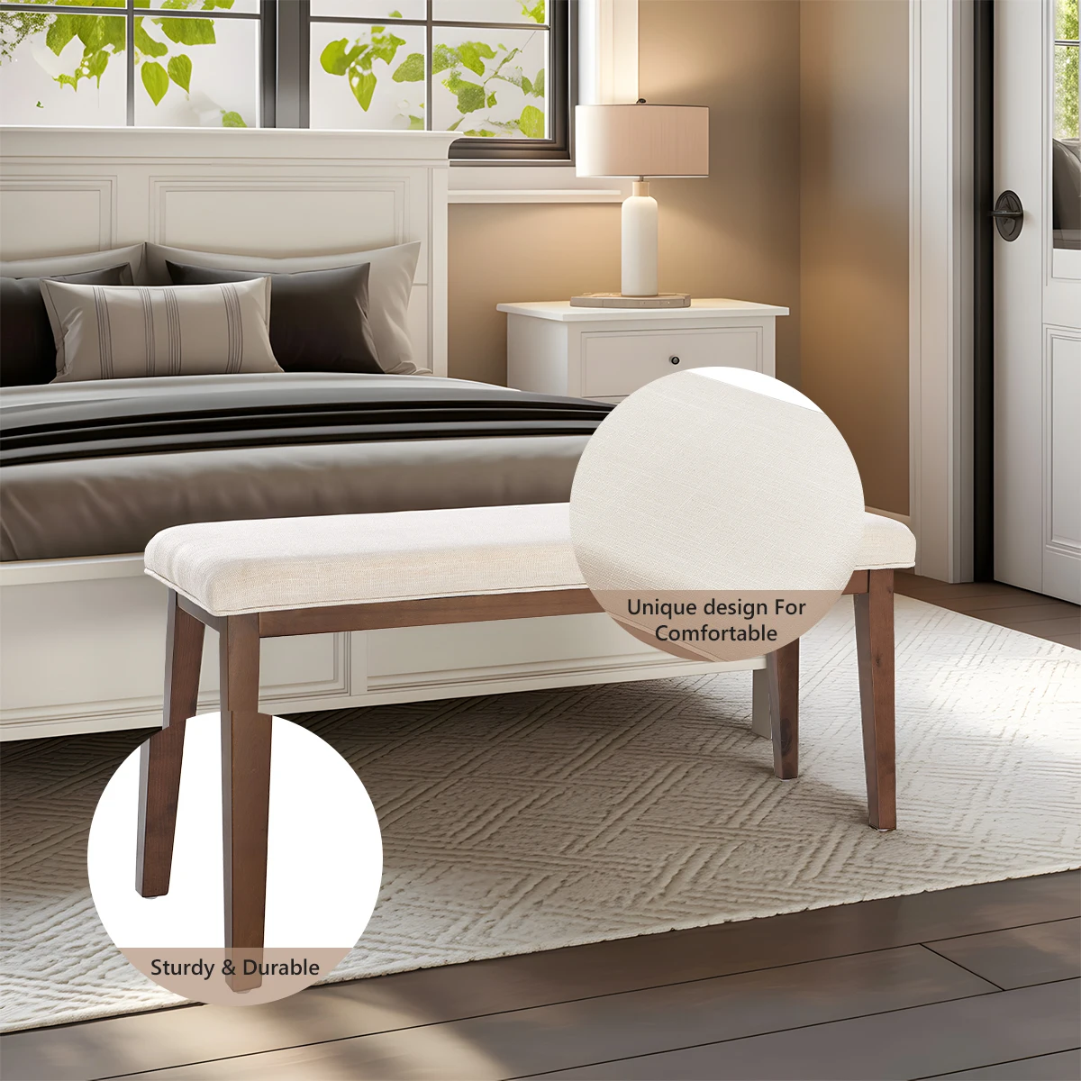 مقعد منجد من الكتان الحديث - مقعد غرفة نوم مقاس 42.5 بوصة لنهاية السرير، مقعد مدخل بأرجل خشبية صلبة، للممر #5