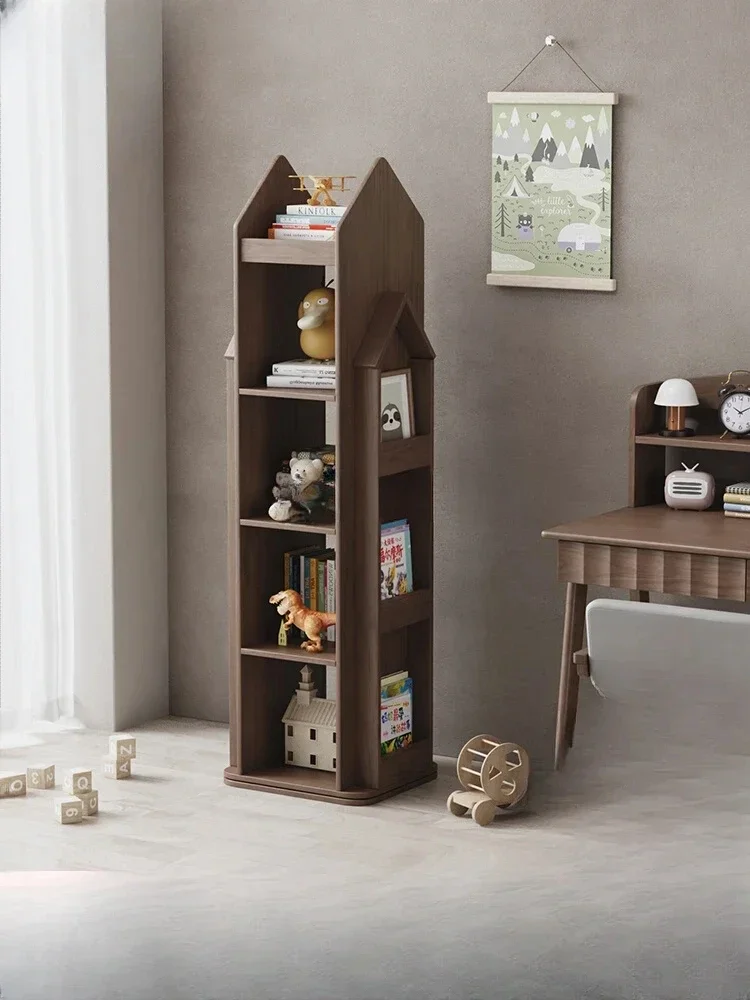 Shelf Floor-to-ceiling simple solid wood bookcase Household mobile rotating 360 small storage rack