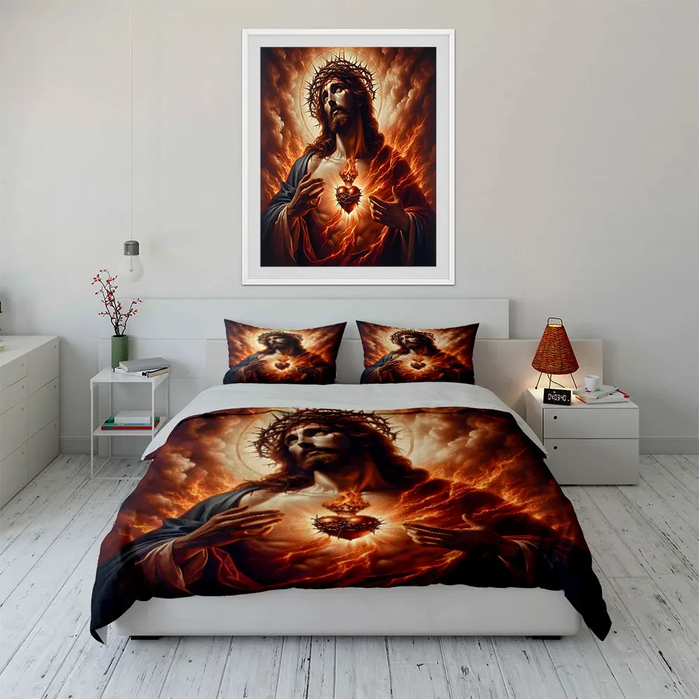 Burning heart and thorn crown Pattern Duvet Cover Set Digital Print Colorful Polyester Bedding with Zipper Closur for kids gifts