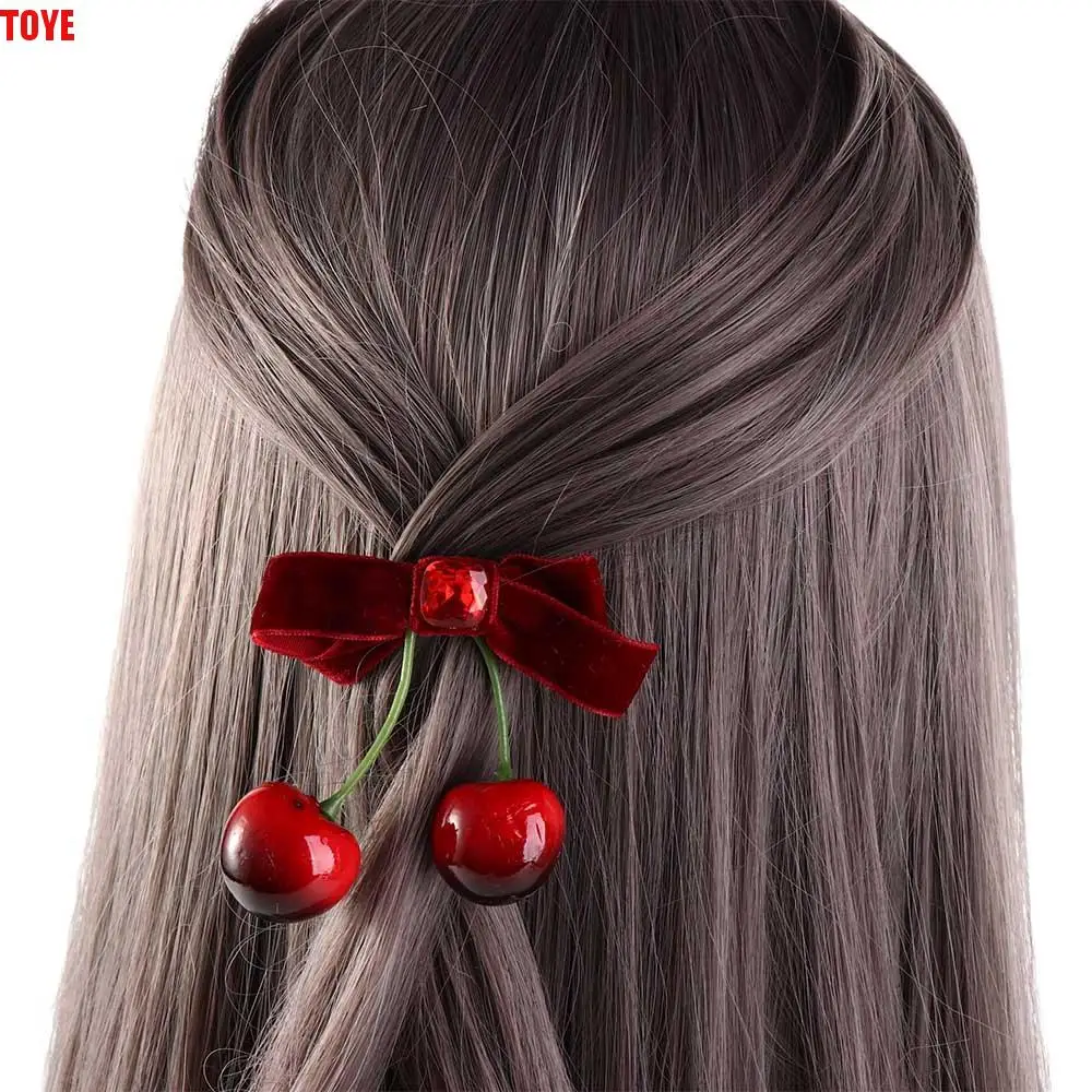 

Vintage Red Velvet Cherry Hairpin Bowknot Cloth Velvet Bow Hair Clip Korean Style Headwear Barrettes Student