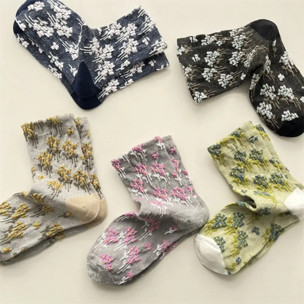 

5Pairs Soft Patchwork Floral Short Socks Mid-calf Socks Breathable Mid Tube Socks Ethnic Style Ankle Hosiery Retro Socks Girl