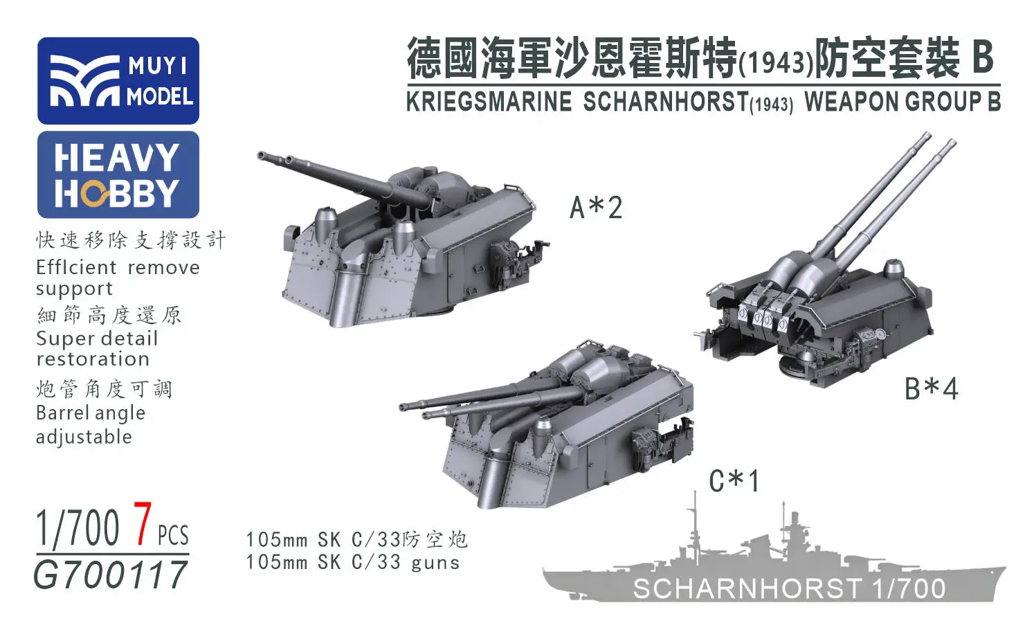 MUYI MODEL G700117 1/700 KRIEGSMARINE SCHARNHORST(1943) WEAP ON GROUP B