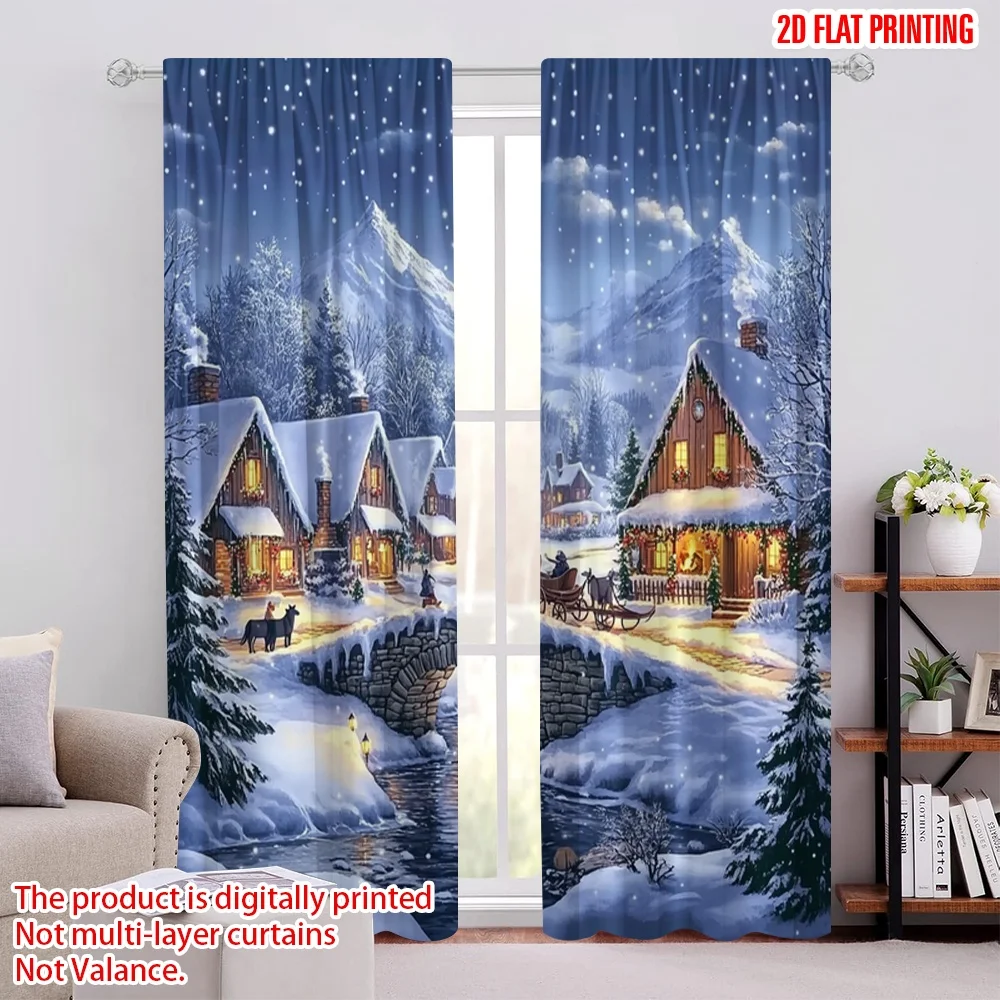2pcs 2D flat printing Merry Christmas Curtains Christmas Snow Village Print Party Polyester Without Electricity Festive Holiday