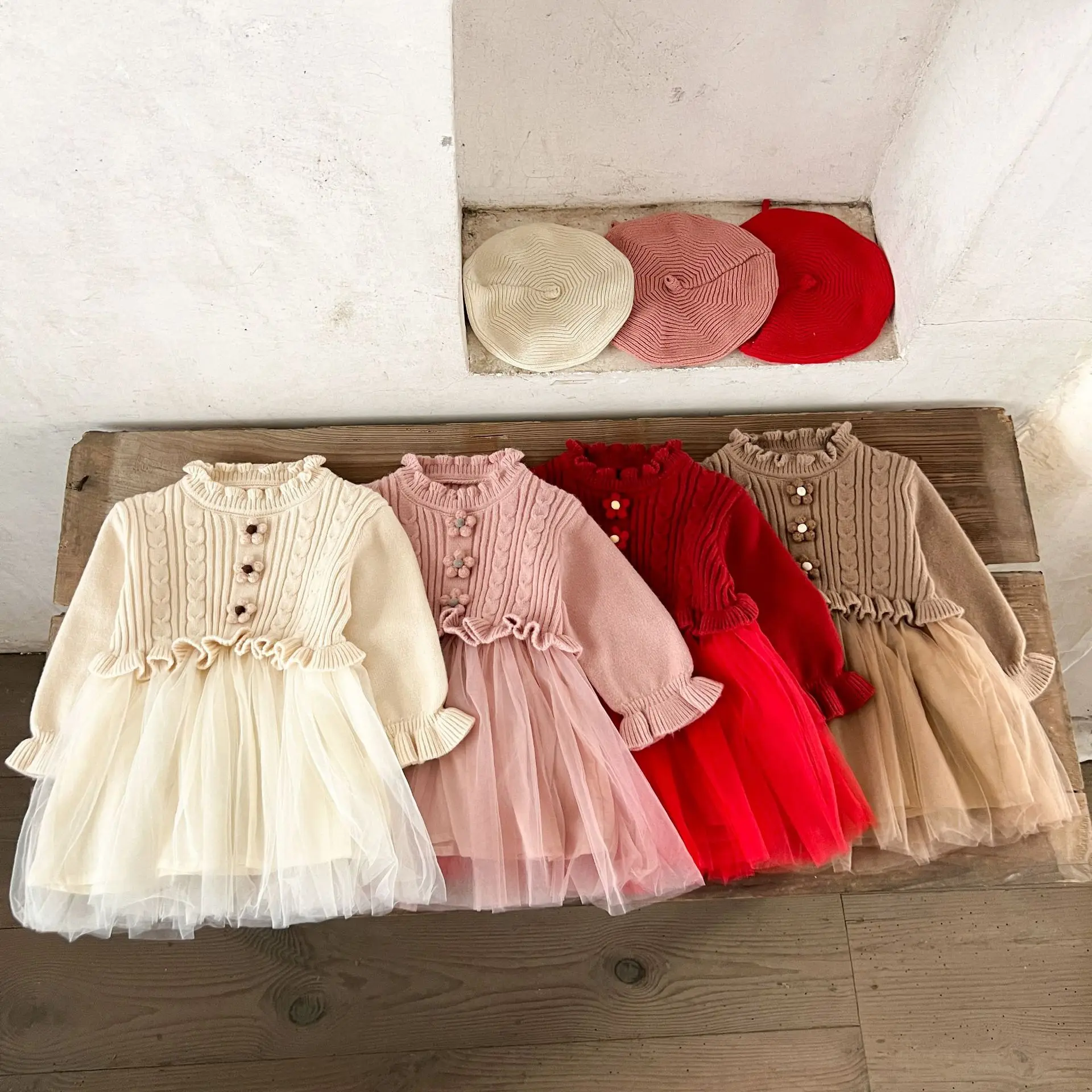 Ins Korean Version of Girls' Baby Pure Cotton Woolen Mesh Dress, Autumn and Winter Sweaters for Children, Princess Dress