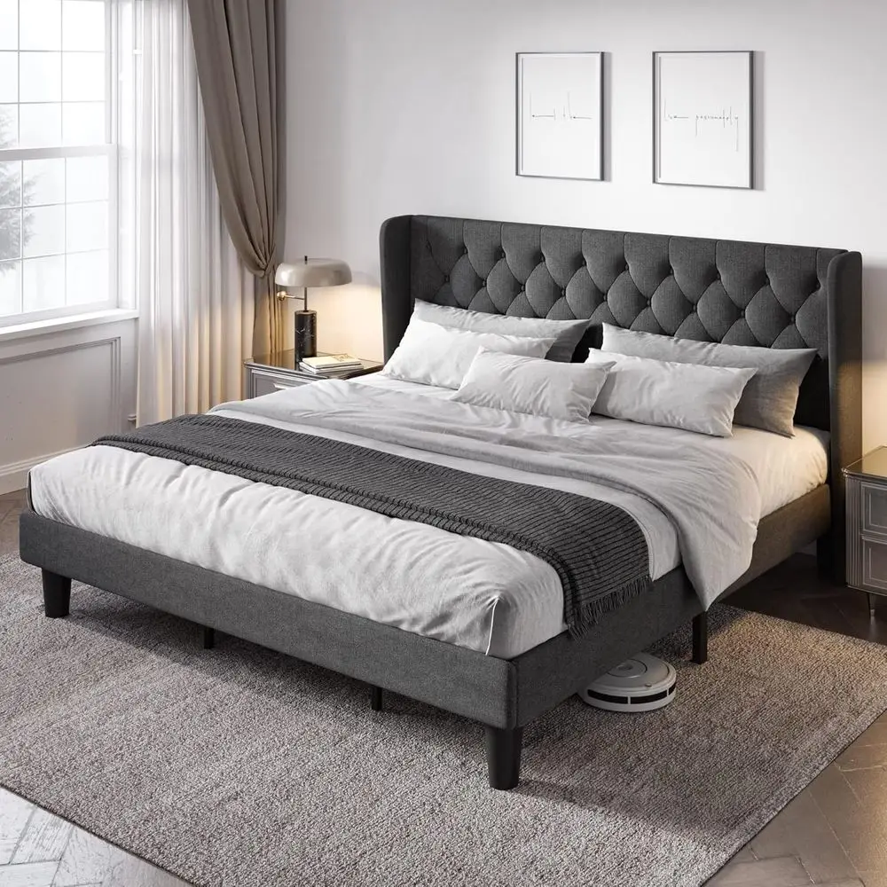 

Elegant Grey King Size Wingback Button-Tufted Upholstered Platform Bed with Strong Wood Slat Support for Easy Assembly and Readi