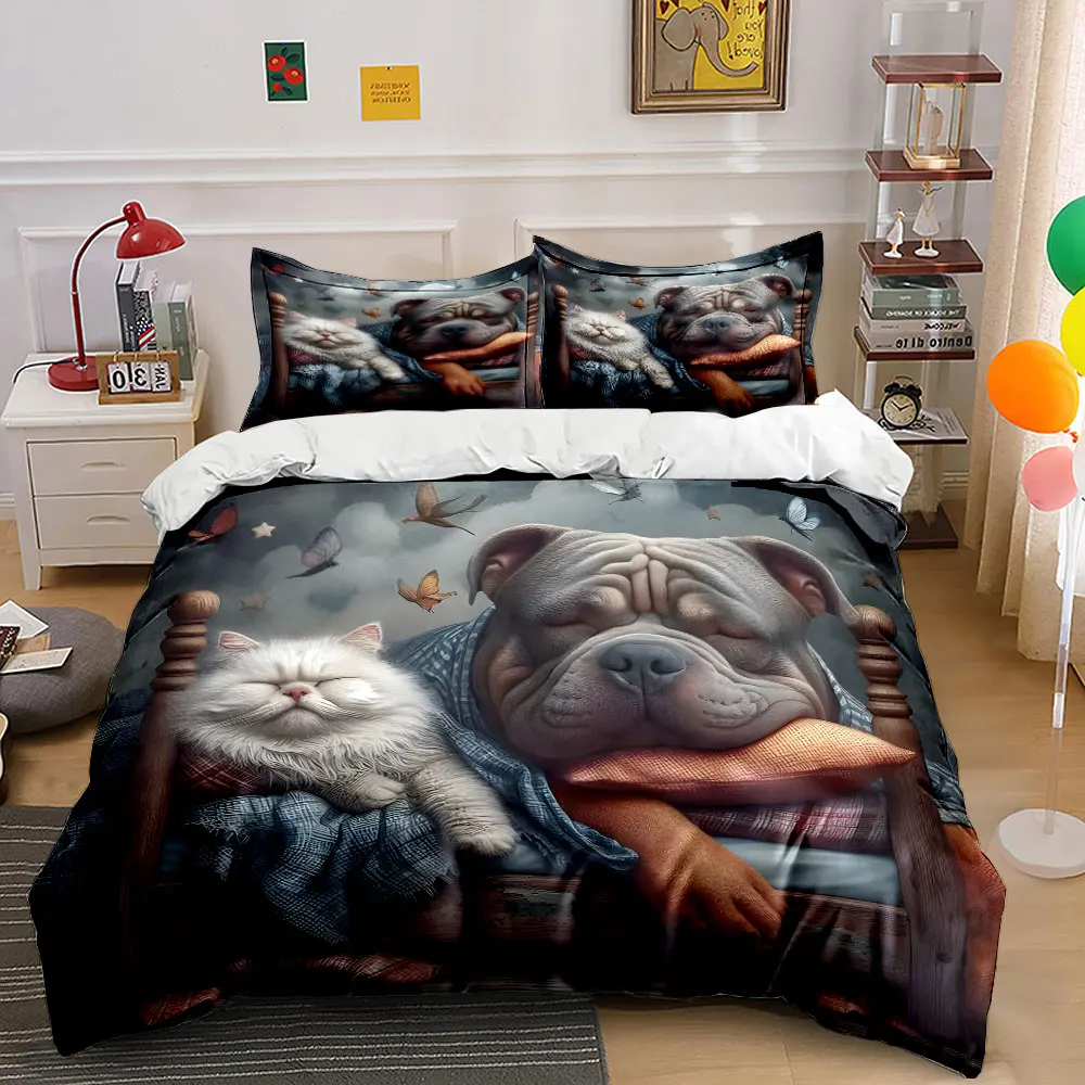 Cats and dogs cozy companions on the sofa Print Bedding Set 1 Duvet Cover 2 Pillowcases for Adult Children Luxury Gift Full Size