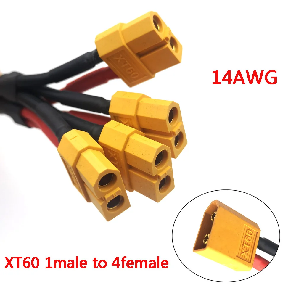 XT60 Parallel Batteriestecker 14AWG1 Plug to 4 Socket Cable Dual Extension y Splitter Silicone Wire to Increase Battery Capacity