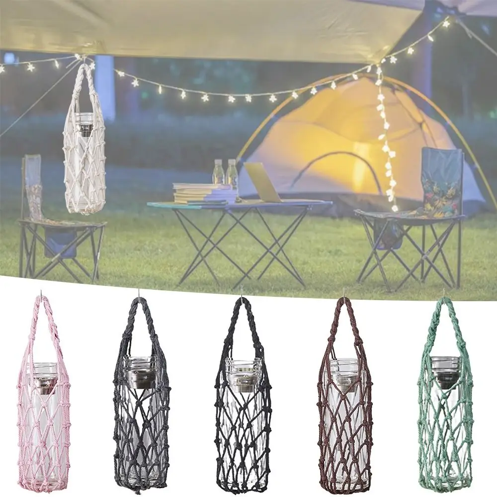 Hand Woven Water Cup Mesh Bag Manual Weave Water Bottle Cover Multiple Colors Cotton Rope Pouch Visible Bag