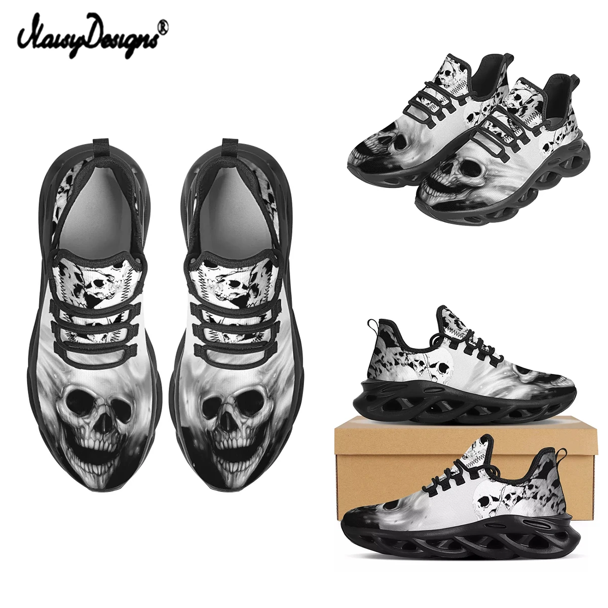 Noisydesigns Fashion Men Sneakers Gothnic Cool Skull Pattern Casual Flats Summer Comfortable Breathable Lace-up Running Shoes